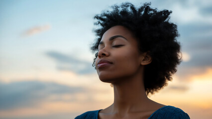 Close-up portrait of black woman with eyes closed and head tilted back, looking up at the sky with peaceful expression; beautiful cloudy sunset in background.