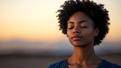 Close-up portrait of black woman with eyes closed and head tilted back, looking up at the sky with peaceful expression; beautiful cloudy sunset in background. - Powered by Adobe