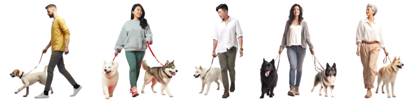 People walking dogs png cut out element set
