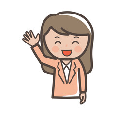 笑顔で手を振って挨拶をする女性ビジネスマンのイラスト