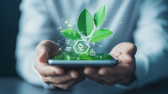 Digital wallet with eco-friendly symbols, representing sustainable financial practices, Wallet eco-friendly, Green digital finance