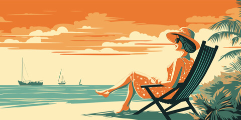 Retro style vector illustration of a lady with hat, sitting in the deck chair on a seashore.