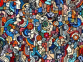 A multitude of abstract, interconnected faces in various colors, resembling a jigsaw puzzle pattern