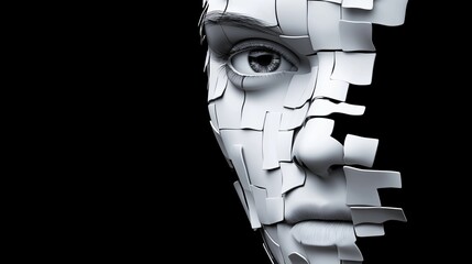 A face is shown with its eyes closed and its mouth open. The face is made up of many pieces of paper, giving it a fragmented appearance. Concept of mystery and intrigue
