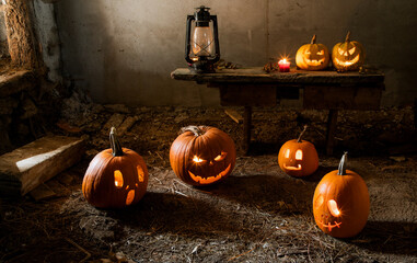 halloween background with jack'o'lanterns in the night