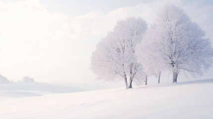 Fototapeta premium Snow-covered trees standing in a vast, peaceful winter landscape with soft light. Minimalistic and serene scenery perfect for backgrounds and copy space.