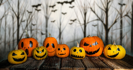 halloween pumpkin head jack lantern with burning candles, Spooky Forest with a full moon and wooden table, Pumpkins In Graveyard In The Spooky Night - Halloween Backdrop
