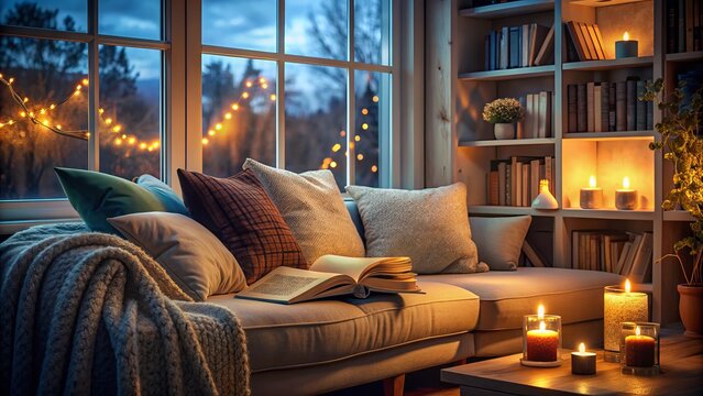 cozy reading nook comfortable couch warm lighting open book relaxed afternoon introspective mindfulness
