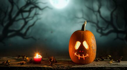 Naklejka premium halloween pumpkin head jack lantern with burning candles, Spooky Forest with a full moon and wooden table, Pumpkins In Graveyard In The Spooky Night - Halloween Backdrop