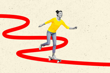 Creative collage picture young girl ride skateboard hobby skatepark professional weekend holiday leisure path way drawing background