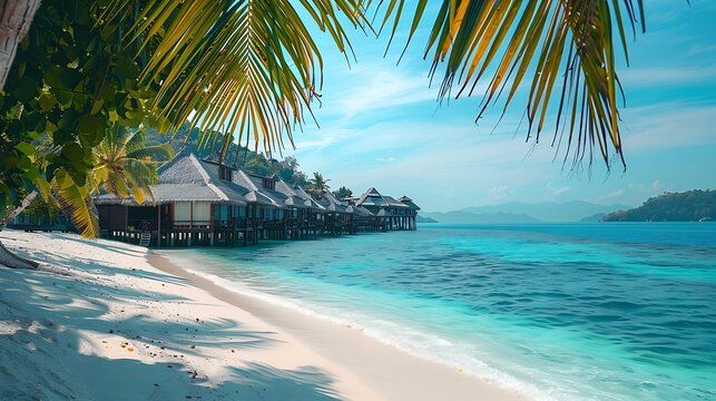 Amazing travel landscape Luxury hotel with water villas and palm tree leaves over white sand close to blue sunny sea sky seascape Beach Summer vacation and holiday beach resort on trop : Generative AI