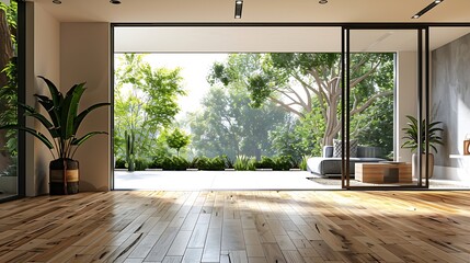 Large room in the modern interior of the house with a large window and wooden flooring : Generative...