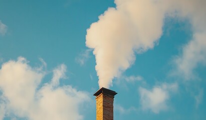 A photo of smoke from the chimney on an industrial plant against a blue sky, with white clouds and copy space.