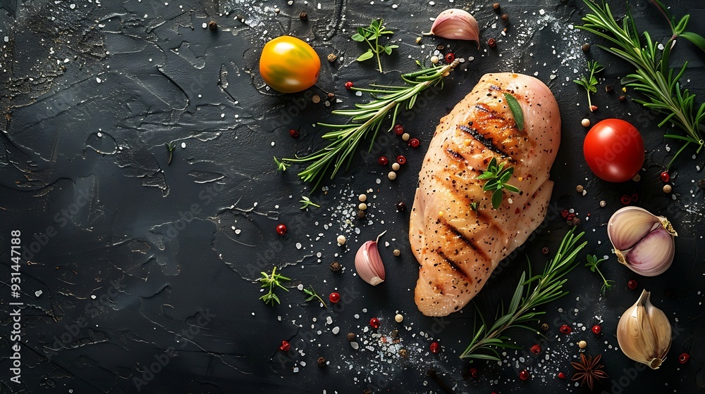 Poster fresh chicken fillet on a dark concrete table with spices and herbs preparation for cooking meat dis