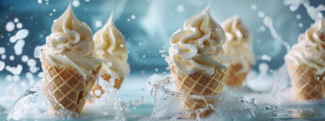 Refreshing ice cream cones splashing in water