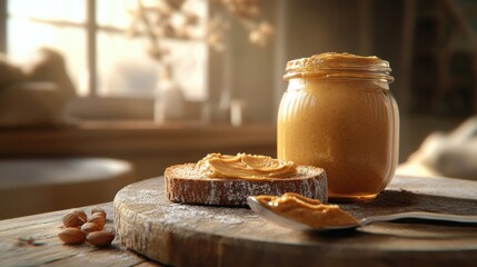 A jar of creamy peanut butter sits beside a slice of bread, creating a cozy breakfast scene with natural light and a warm atmosphere.