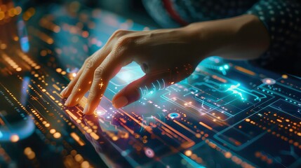 A hand hovers over a futuristic digital interface with glowing lines and circuits.