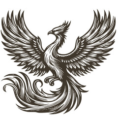 Obraz premium Vector illustration of a phoenix in style of woodcut engraving