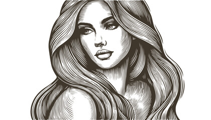Vector drawing of a woman head with a long hair in style of woodcut engraving