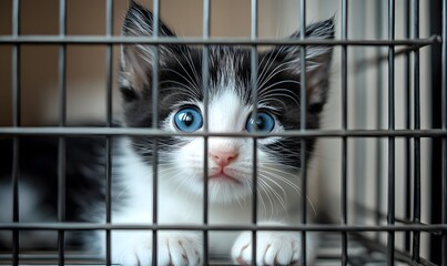 Black and white kitten in a cage at an animal shelter, a cute cat with blue eyes looking out of the cage, real photo, photograph