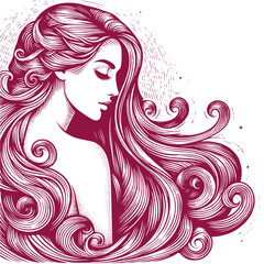Vector drawing of a woman head with a long hair in style of woodcut engraving