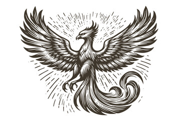 Vector illustration of a phoenix  in style of woodcut engraving