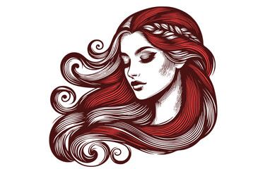 Vector drawing of a woman head with a long hair in style of woodcut engraving