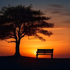 Empty Bench Under a Tree Silhouette, minimalist silhouette, empty bench, solitary tree, sunrise glow, simple beauty, tranquil scene