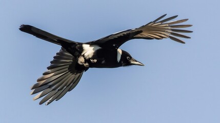 Magpie in flight its black and white feathers contrasting against a clear blue sky