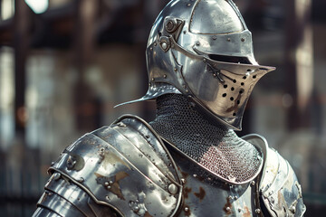 A fantastic royal knight in armor guards the castle chambers