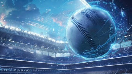 A baseball flying over a lit up stadium at night, with a futuristic digital effect. Generative AI