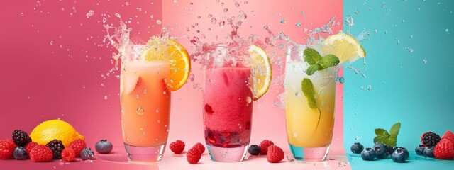 Colorful splash of fruity beverages on vibrant background
