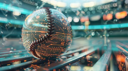 A futuristic baseball with circuit board design, set against a blurred backdrop of a stadium field. Generative AI
