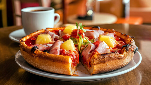 Delicious Chicago-style deep-dish Hawaiian pizza topped with ham, sliced pineapple, and melted cheese. Perfect for food lovers and culinary visuals. 