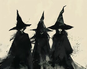 Fototapeta premium Mysterious illustration of three witches wearing pointed hats and dark cloaks, standing against a light background.