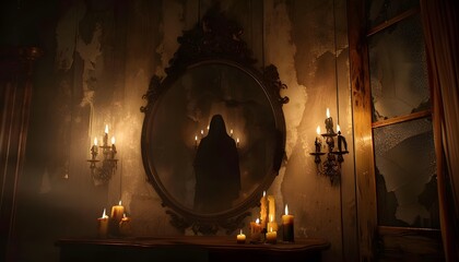 Mysterious, eerie scene with hooded figure reflected in an antique mirror. Lit by candlelight in a shadowy, decrepit room.