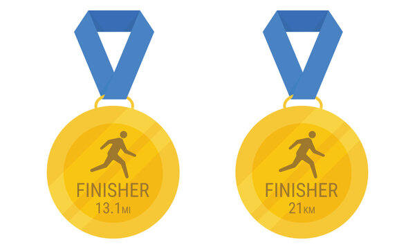 Half marathon finisher gold medals with labels finisher and 21km or 13.1mi distance