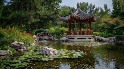 Fototapeta premium The Chinese Garden part of the Montreal Botanical Gardens Montreal Jardin Botanique : Generative AI