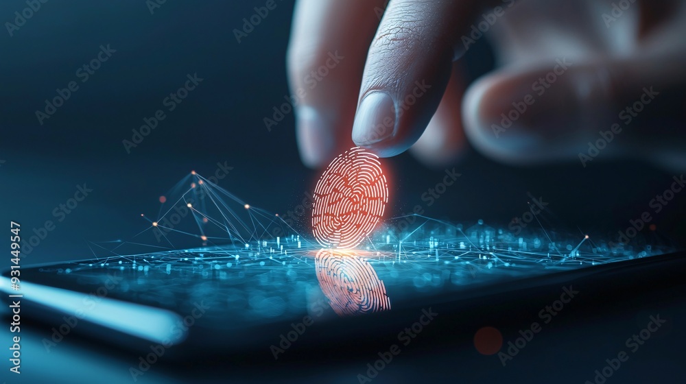 Poster close-up of digital wallet with fingerprint scanner, highlighting the use of biometrics for secure a
