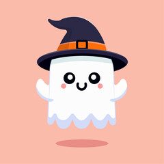 Adorable Halloween Flying Ghost with Witch Hat Vector Illustration