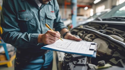 Auto Check at Car Service Shop: Mechanic Writing Job Checklist on Clipboard and Inspecting Engine