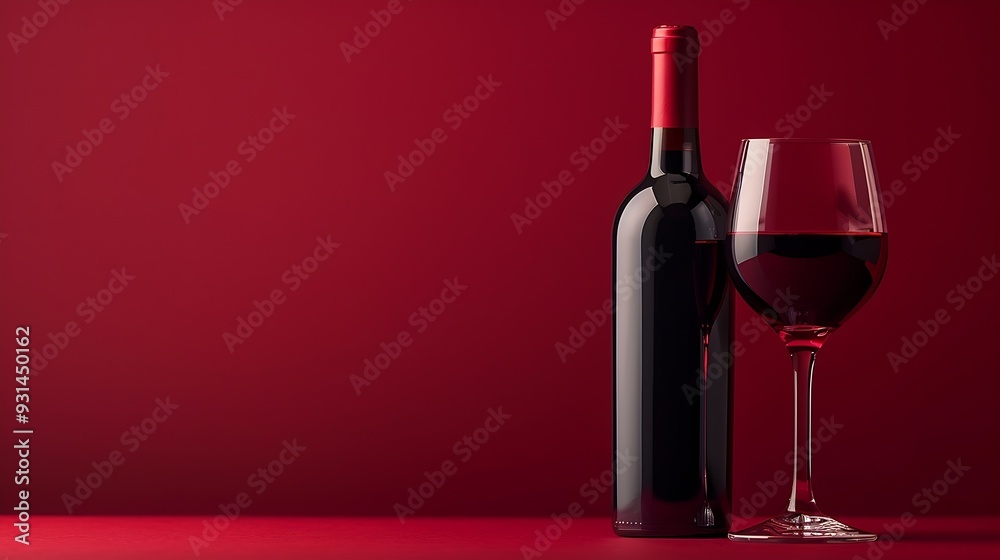 Poster bottle and glass of red wine on a red background copy space : generative ai