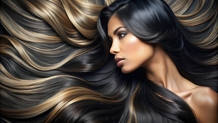 Obraz premium Beautiful hair. Beauty woman brunette with long shiny highlighted hair as background