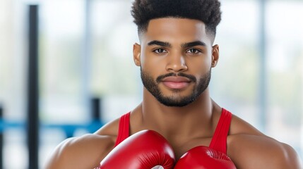 A man with a red boxing glove is posing for a picture. Concept of strength and determination, as the man is ready to take on any challenge