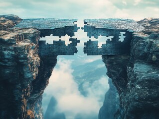 Incomplete puzzle bridge between rocky cliffs

