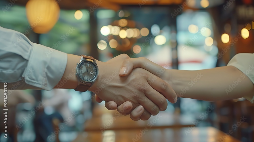 Poster business people meeting and handshake at cafe for introduction onboarding and remote work opportunit