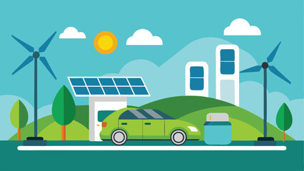 Parking charging station for electric vehicles, EV cars, environmentally clean energy technology, solar panels and wind turbines clean energyon.