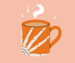 Vector collection of cute Halloween mugs. Hot cocoa, coffee and tea cups with cute faces, witch hat, black bat wings with stars and mummy, eye ball. Flat cartoon illustration on pink background