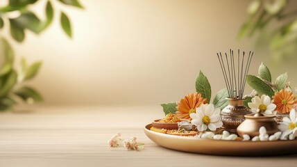 Puja thali, with offerings, flowers, and incense, 3D illustration