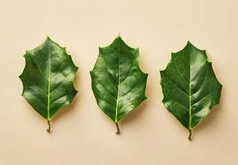 Fototapeta premium Three green holly leaves arranged on a soft beige background showcasing their vibrant color and texture